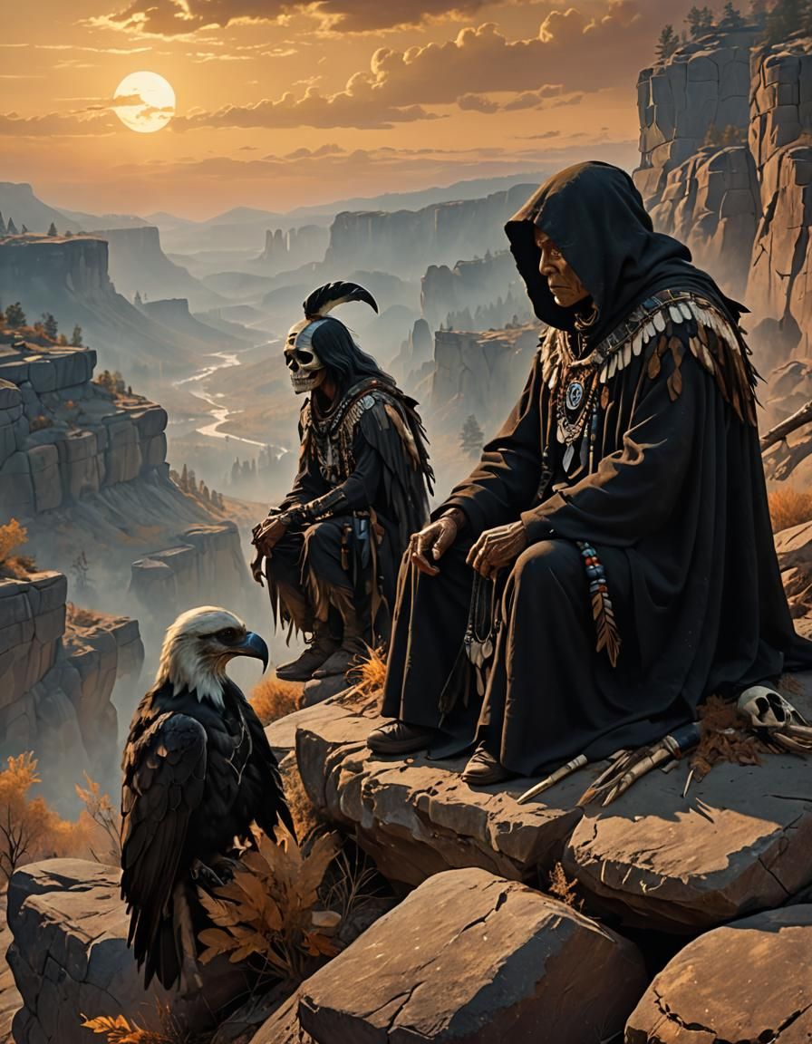 Native American Grim Reaper sitting with indigenous elder in...
