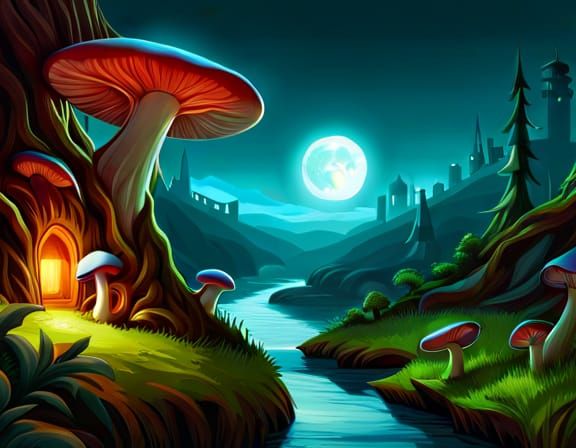 Bioluminescent Mushroom Forest Digital Painting