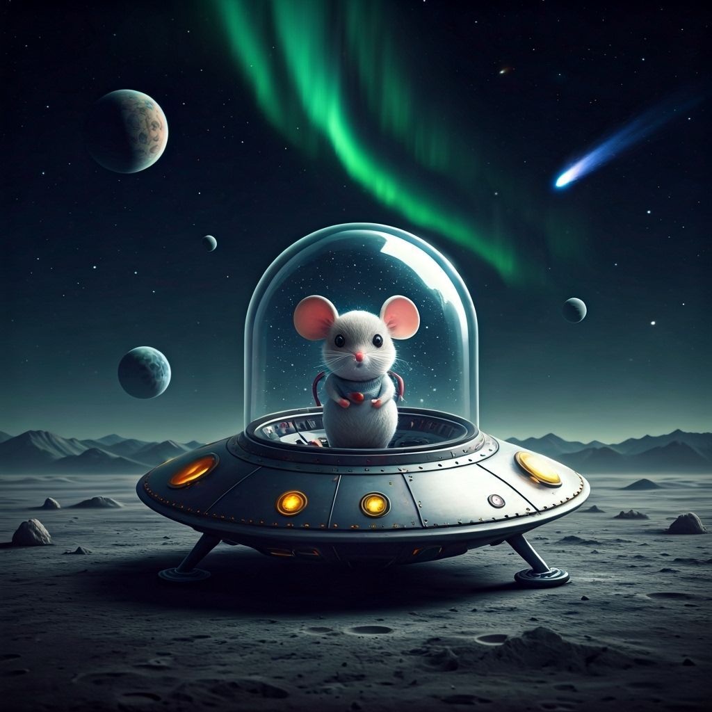 Miniature Alien Spaceship with Chibi Mouse on Moon