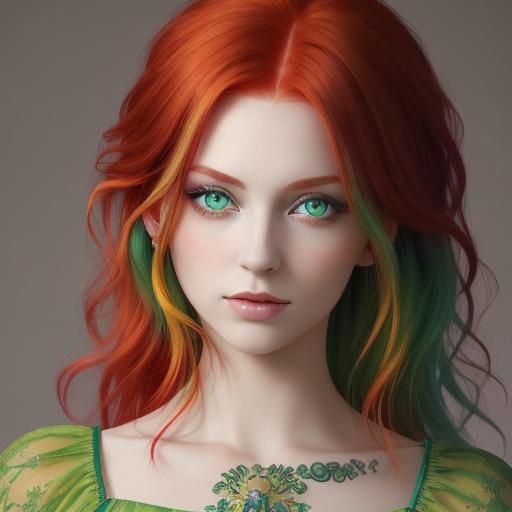 A beautiful portrait of woman with vibrant red hair piercing green eyes and a beautiful dress multicolored