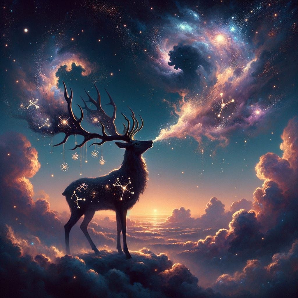 Constellation Stag in Twilight Sky, Hyperrealist Painting