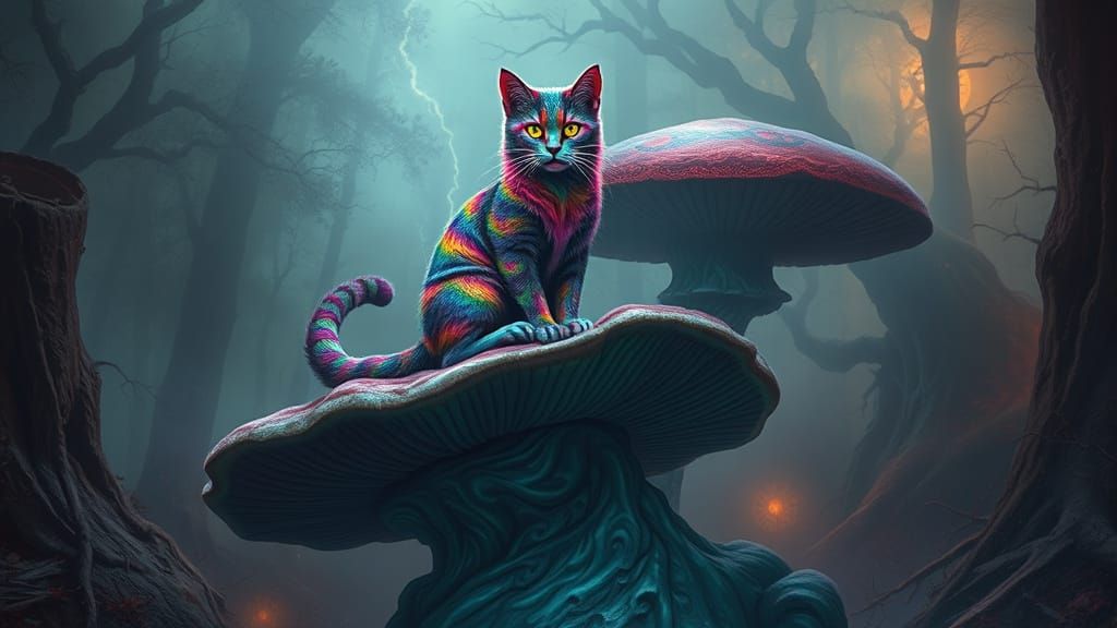 Vibrant Psychedelic Cat Reigns on Ancient Mushroom Throne