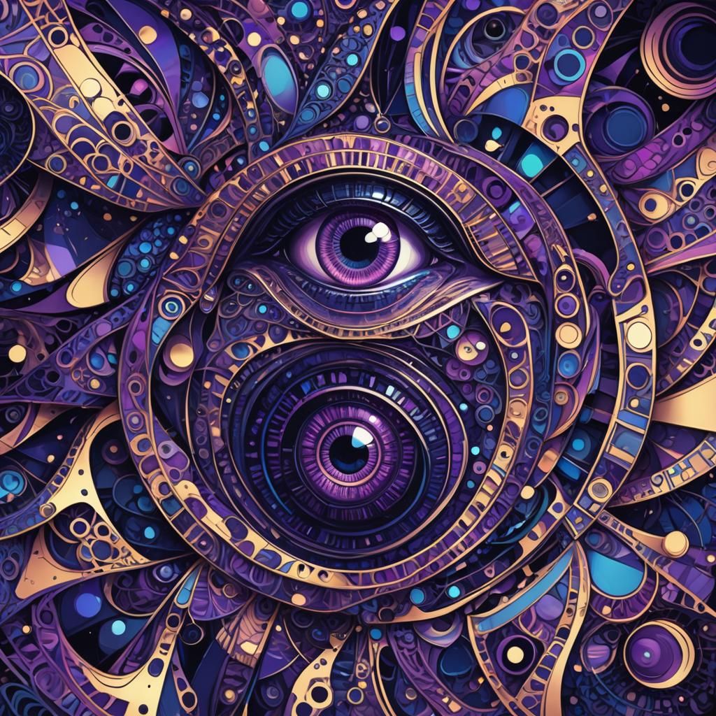 Eyes Reflecting Cosmic Zentangle Patterns in Glitch Art