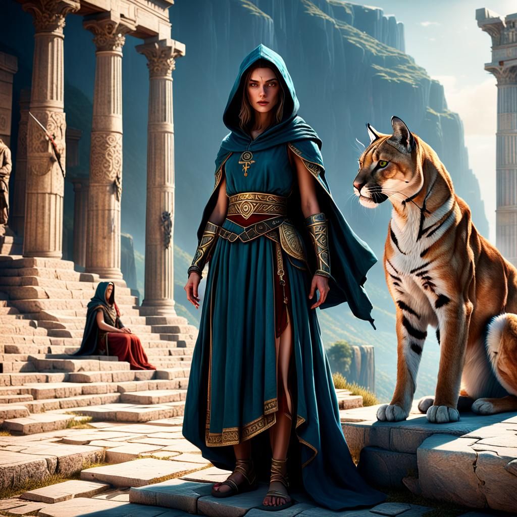 Templar Observing Girl with Puma: Cinematic Digital Art