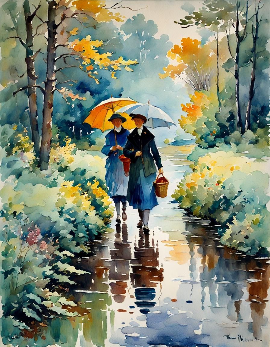 Rainy Morning Walk as Watercolor Painting