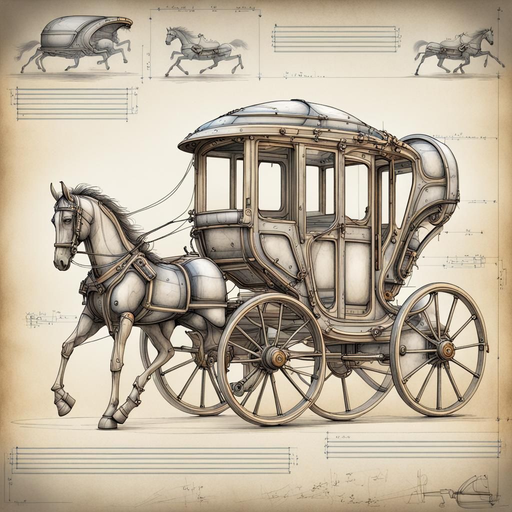 Futuristic Horse Carriage Blueprint in Da Vinci Style