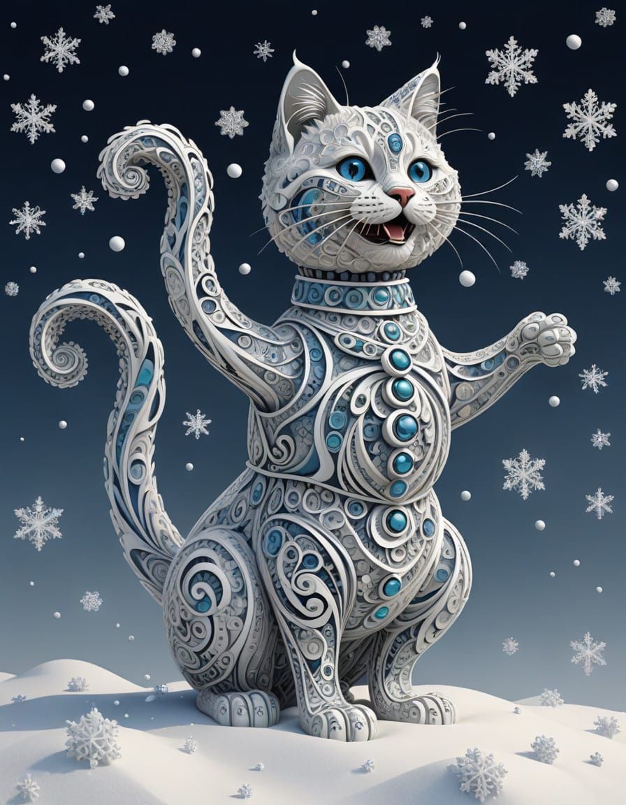 Cosmic Snowman Cat in Whimsical Winter Wonderland