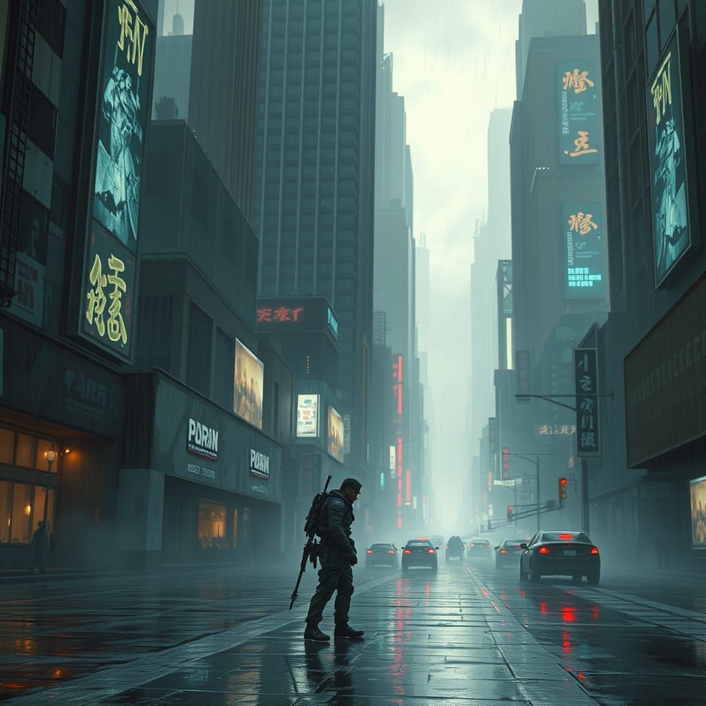 Cyberpunk Soldier in Neon City Concept Art