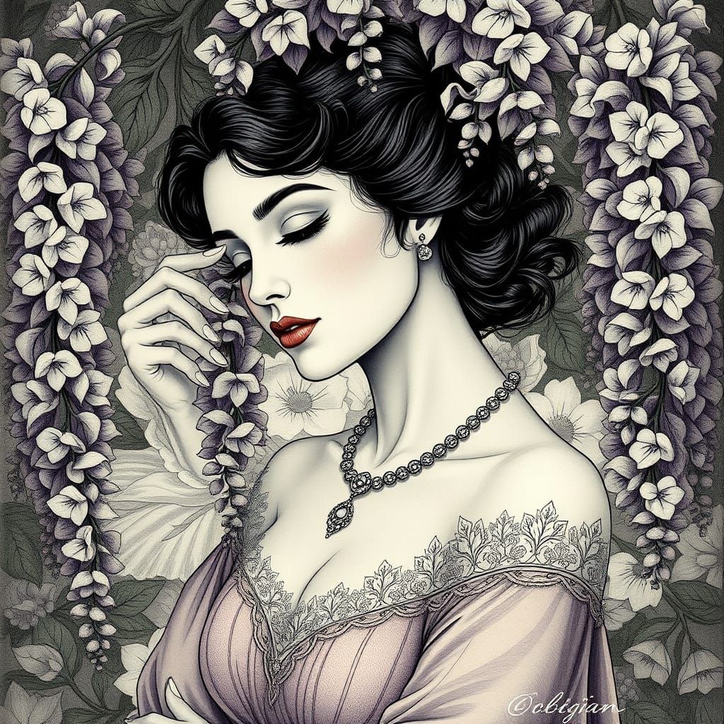 Elegant Woman Emerging from Wisteria in Art Nouveau Style