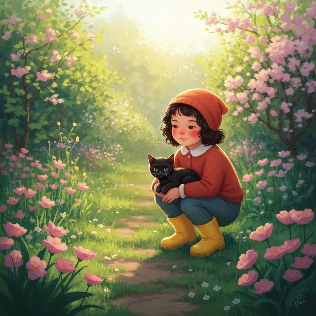 Child and Kitten in Overgrown Garden, Painterly Style
