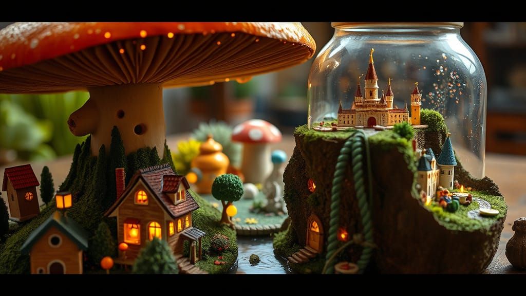 Miniature Worlds in a Mushroom, City and Jar