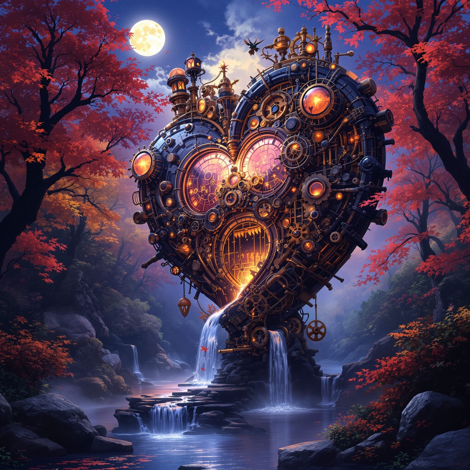 Steampunk Heart Waterfall in Moonlit Autumn Forest