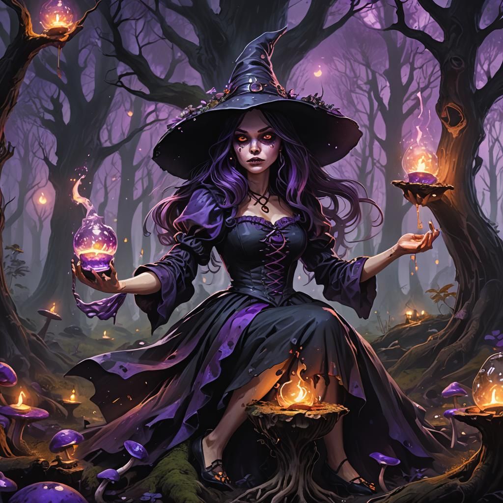 Cute Evil Witch Stirring Potion in Forest