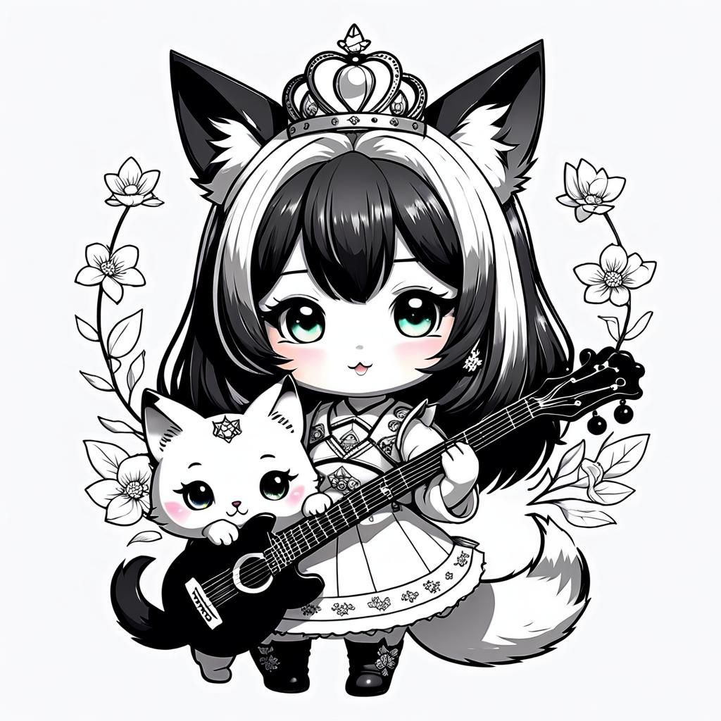 Chibi Girl with Cat, Line Art in Anime Style