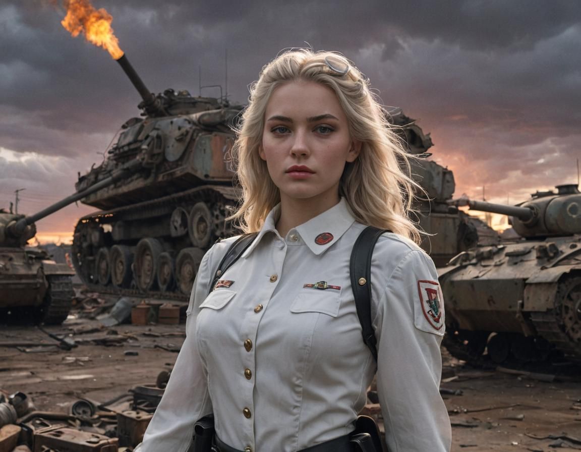 Dieselpunk Soldier Girl in Industrial Landscape