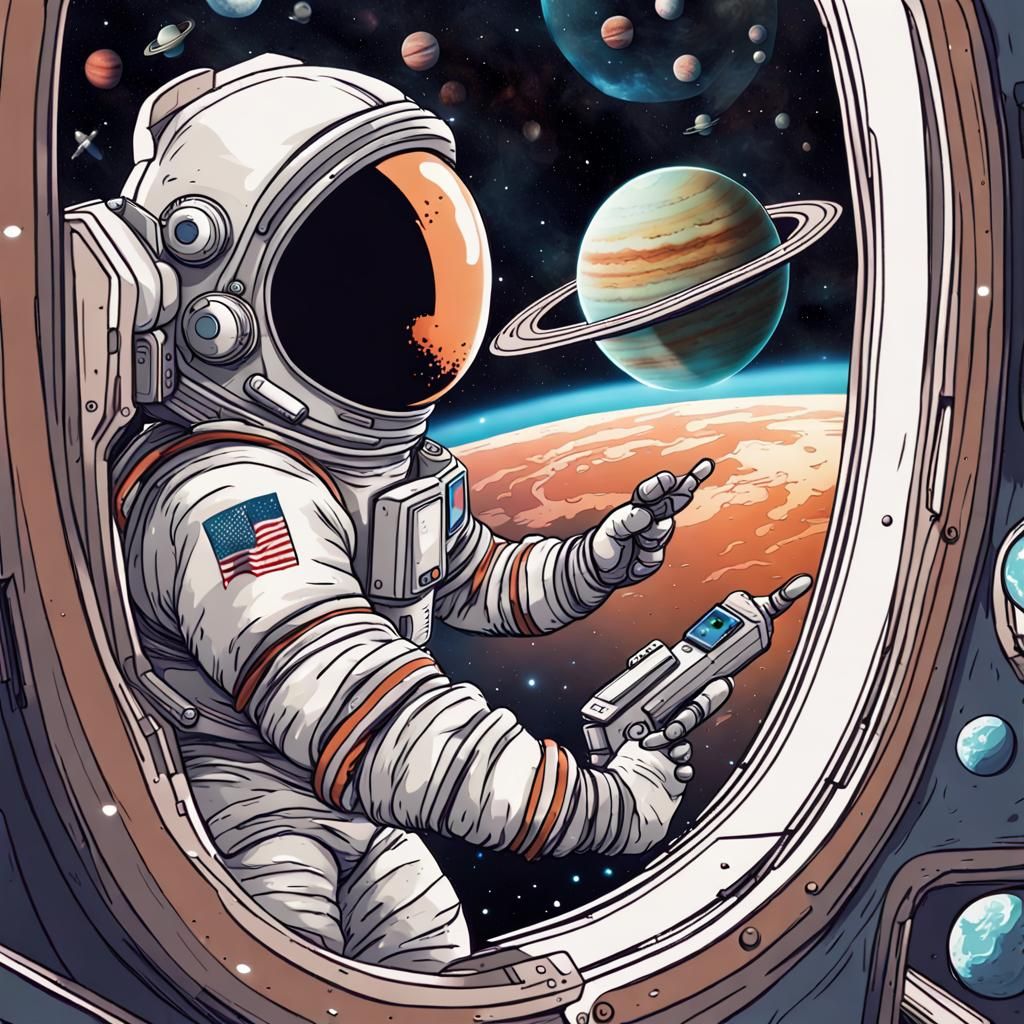 Astronaut in Spacesuit with Orbiting Spaceships