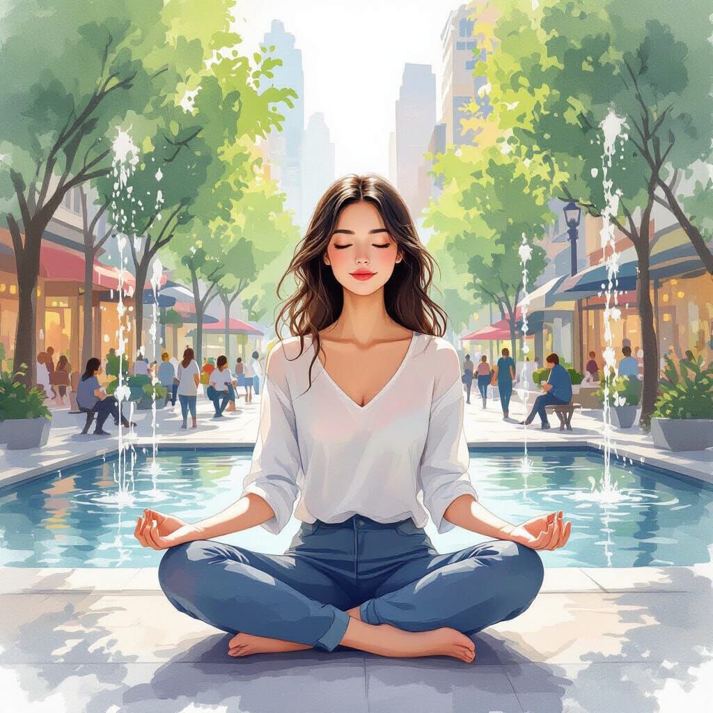 Serene Woman Meditating in Bustling City Square