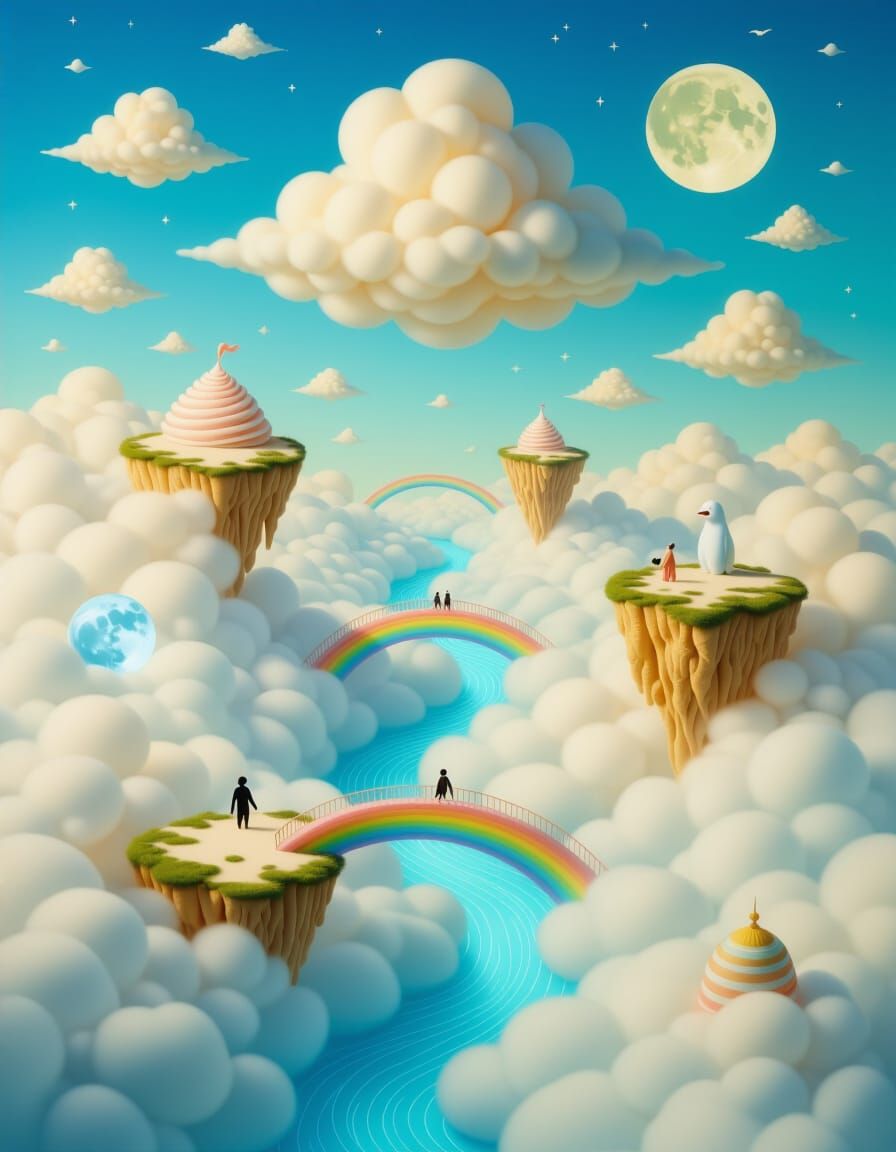 Surreal Dreamscape with Spun Sugar Clouds and Rainbow Bridge...