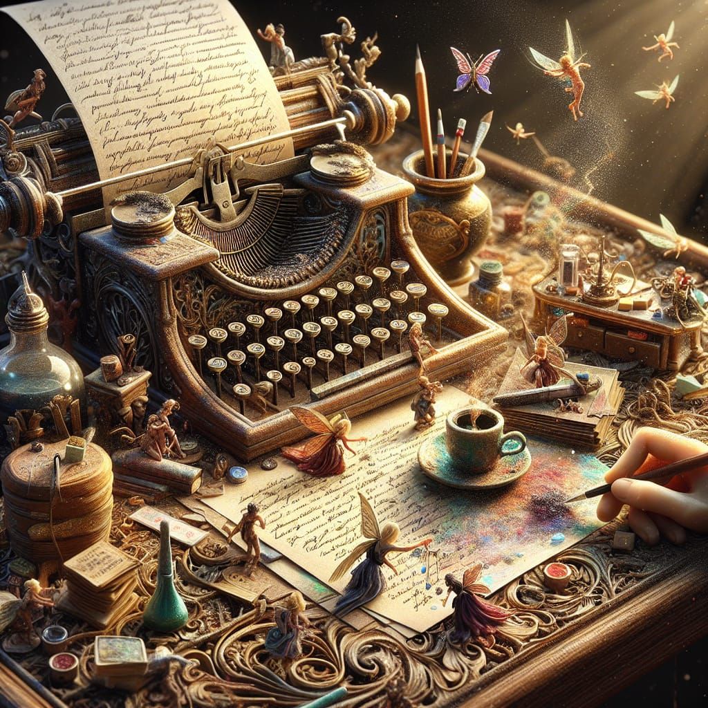 Fantasy Writer's Desk with Miniature Impressionist Scene