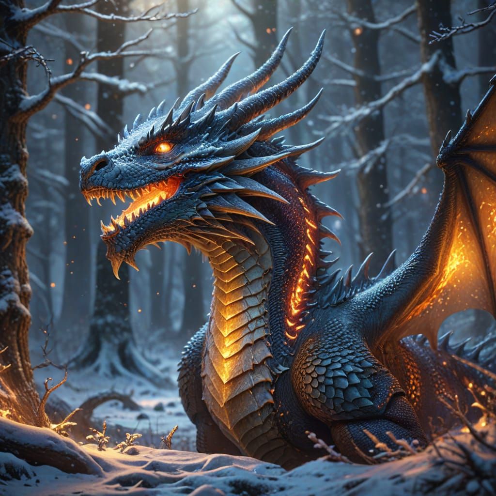 Dragon in Snowy Forest: Vibrant Oil Painting