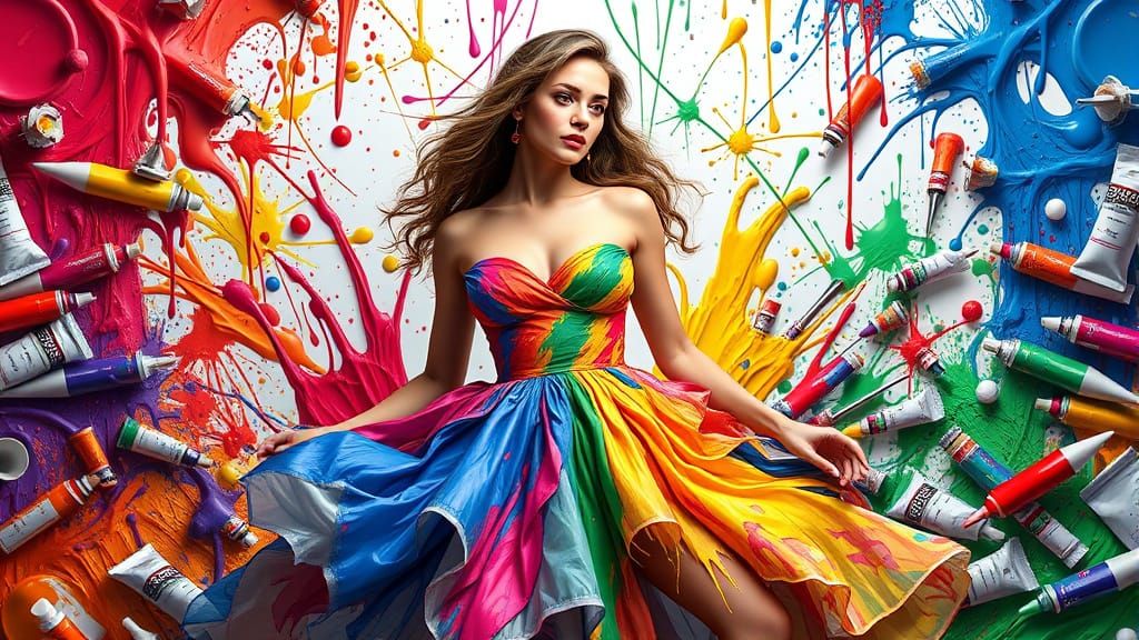 Vibrant Woman in Paint Dress, Splash Art in High Definition