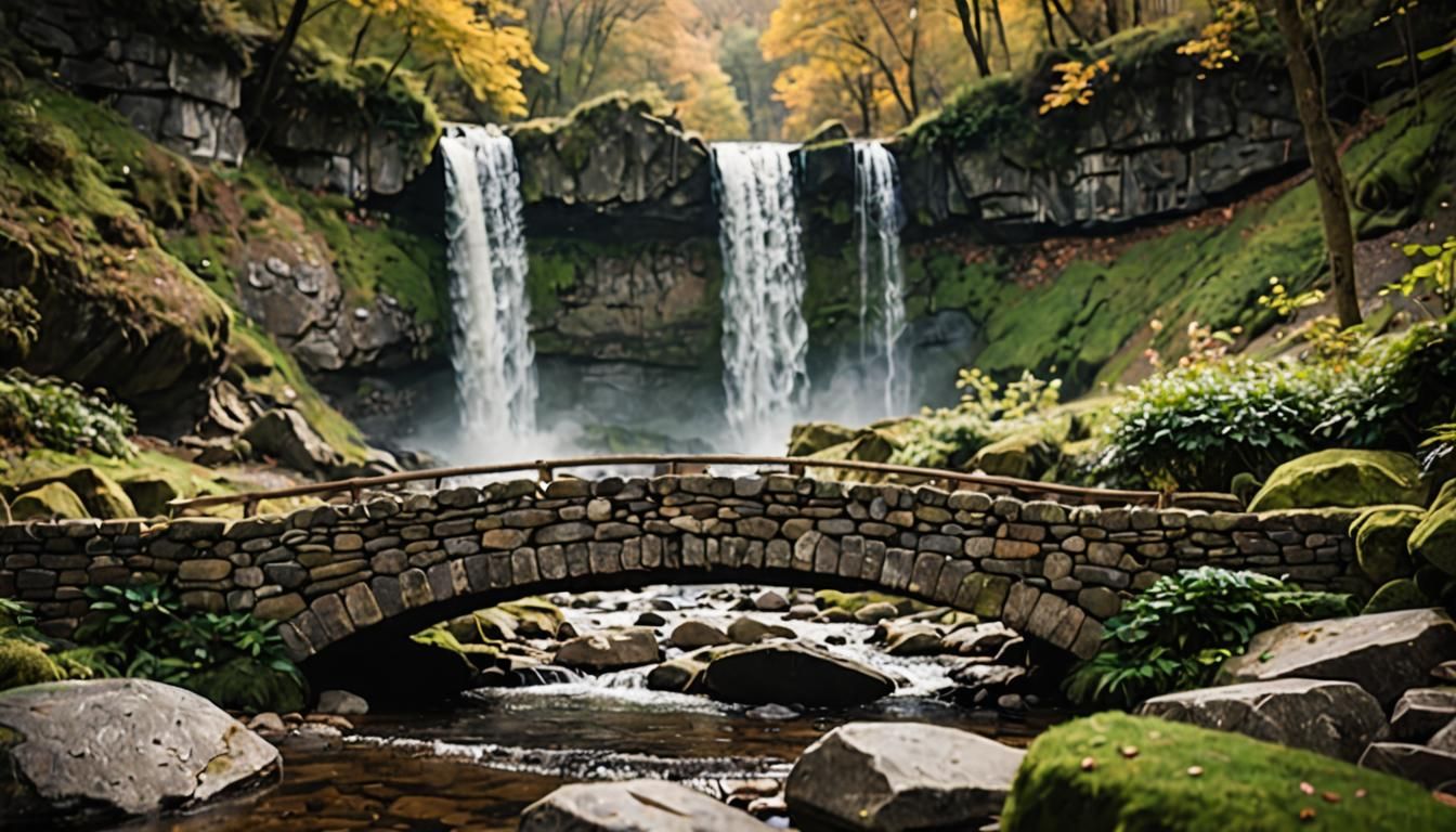 Rustic Stone Bridge and Waterfall in Natural Light