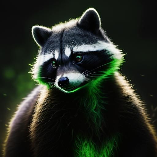 Glowing Green Raccoon in Hyperrealistic Style
