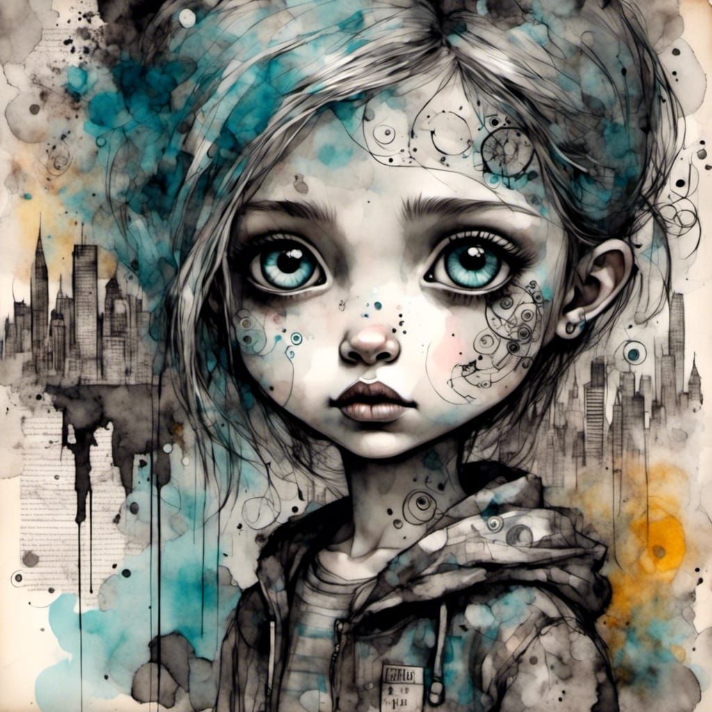 Girl with Silver Tattoo Gazing at Cyberpunk City