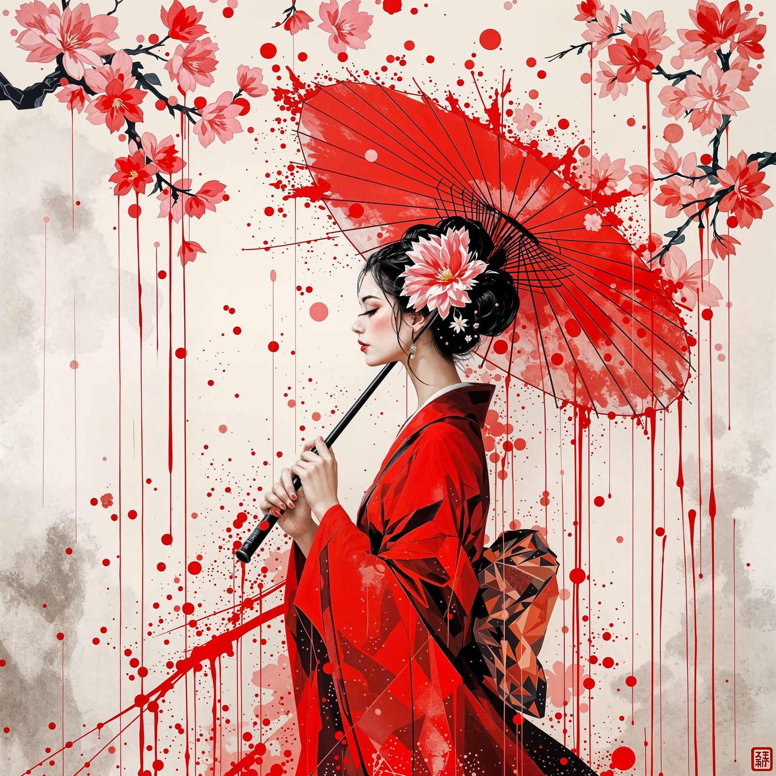 Vibrant Woman Under Cherry Blossoms in Crimson Red