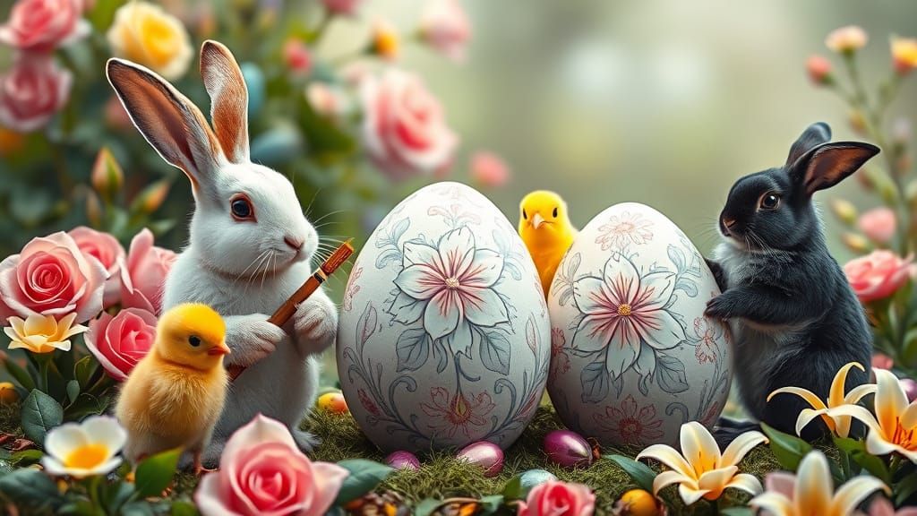 Rabbits and Chicks Painting Easter Eggs: Fairytale Photo