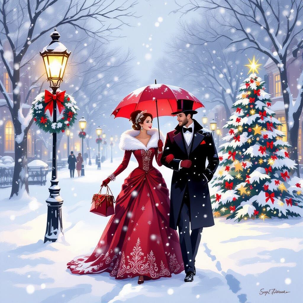 Romantic Winter Couple Stroll Under Snow with Christmas Tree