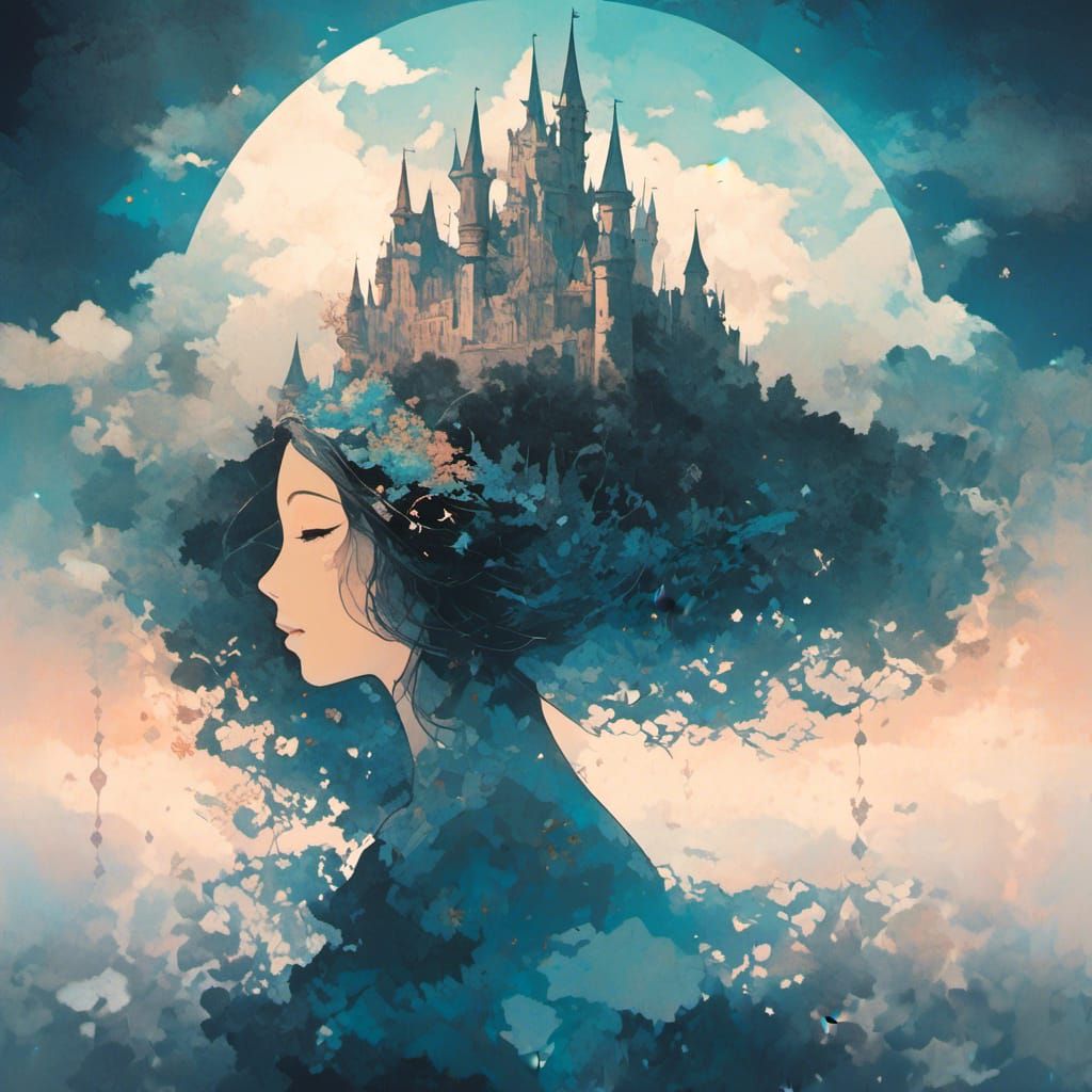 Dreamy Double Exposure: Princess and Floating Castle