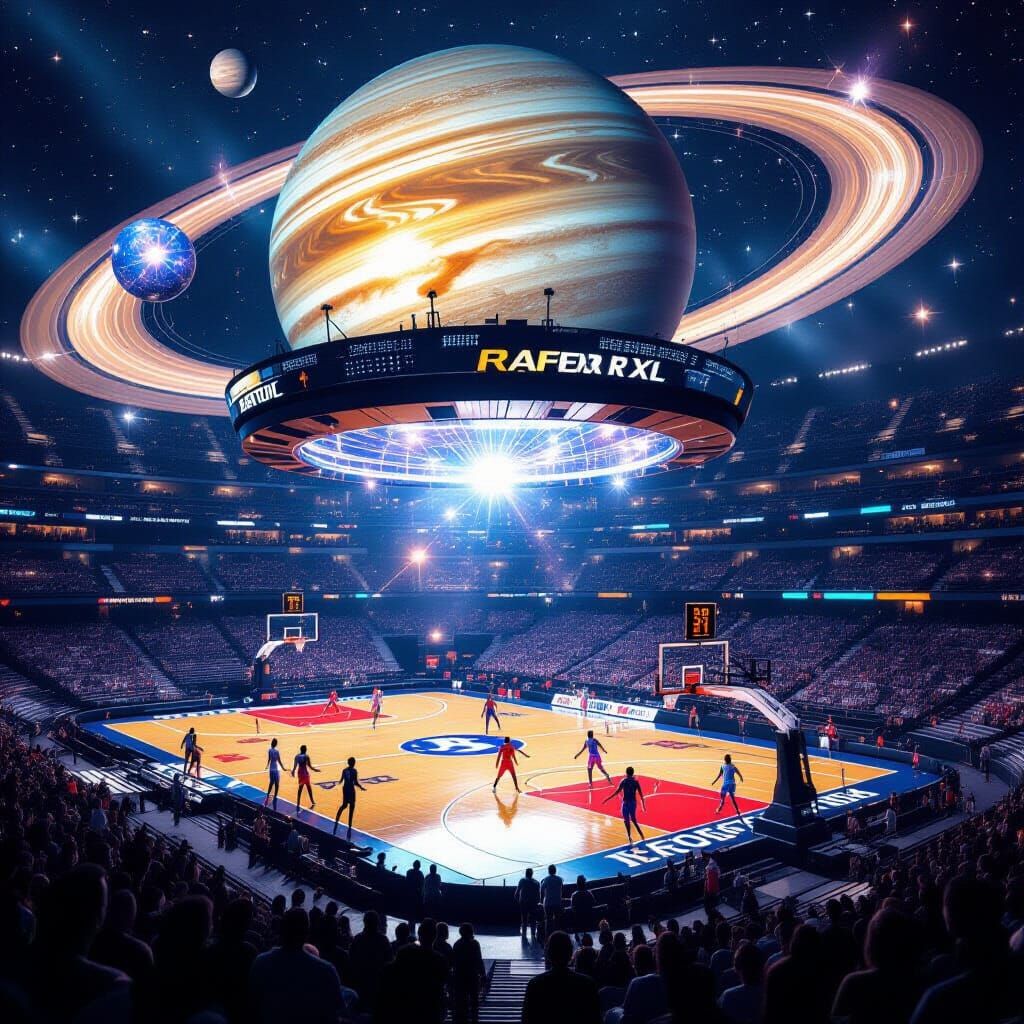 Cosmic Basketball Stadium Above Saturn's Rings in Cinematic ...