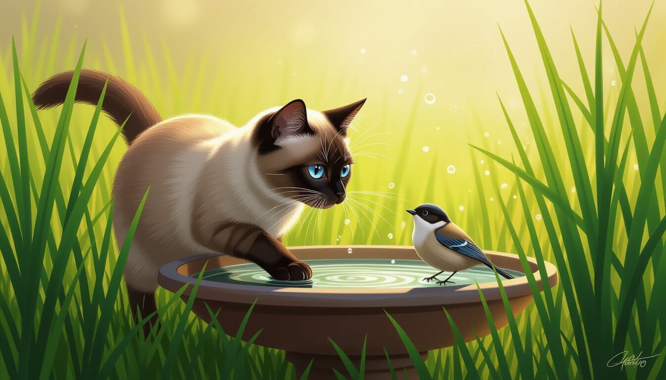 Siamese Cat Hunts Bird by Bath in Splash Art Style