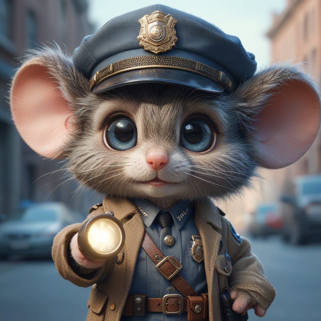 Anthropomorphic Mouse Policeman on Street Corner in 16k