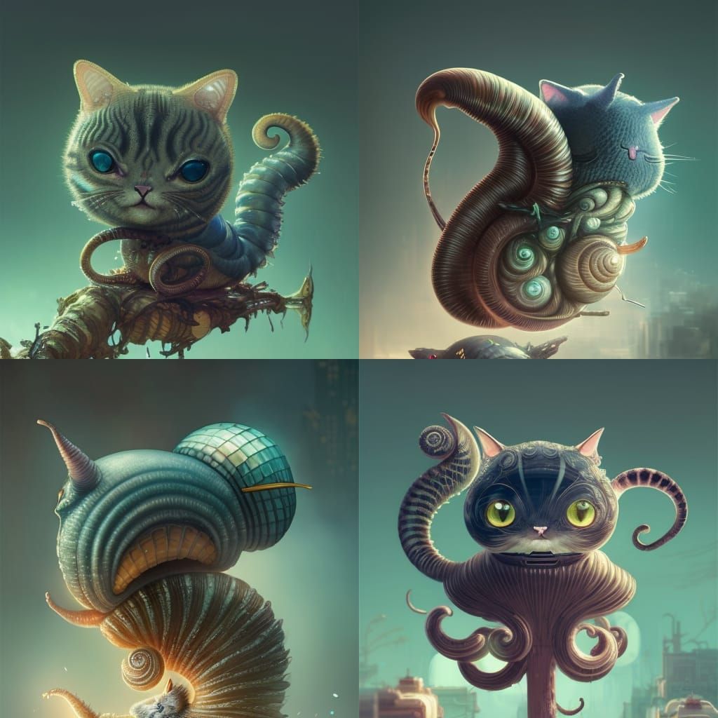 Adorable Chibi Cat-Snail Hybrid, Digital Art