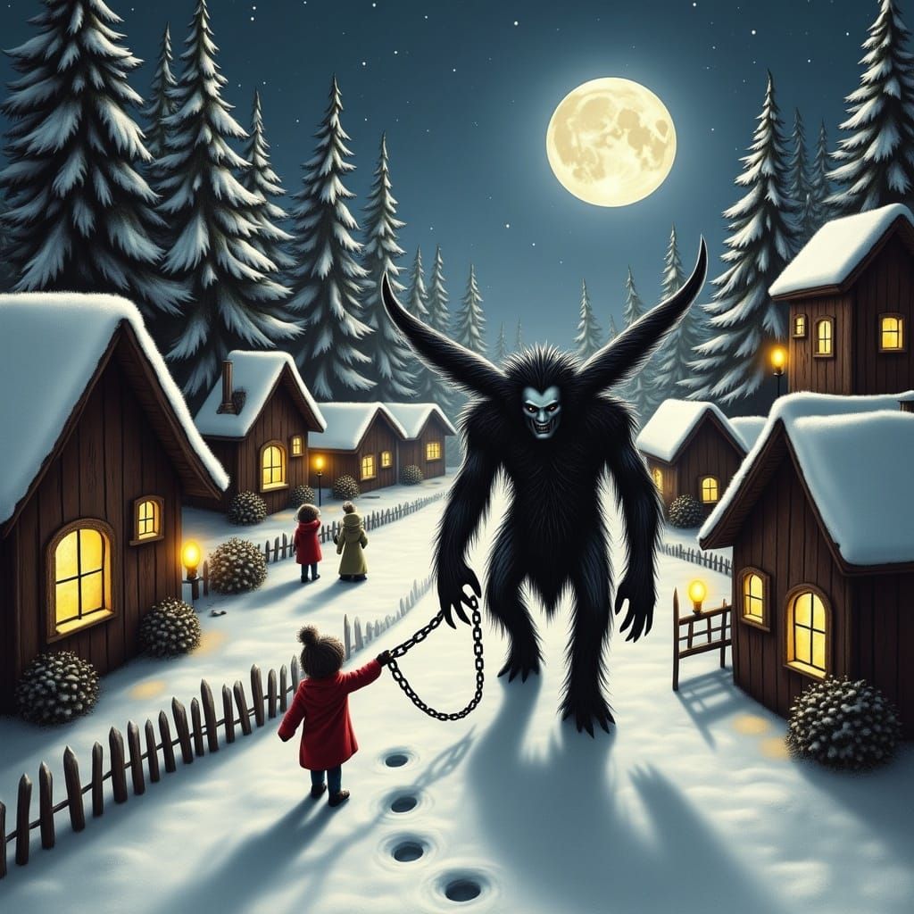 Krampus in Snowy Village at Night