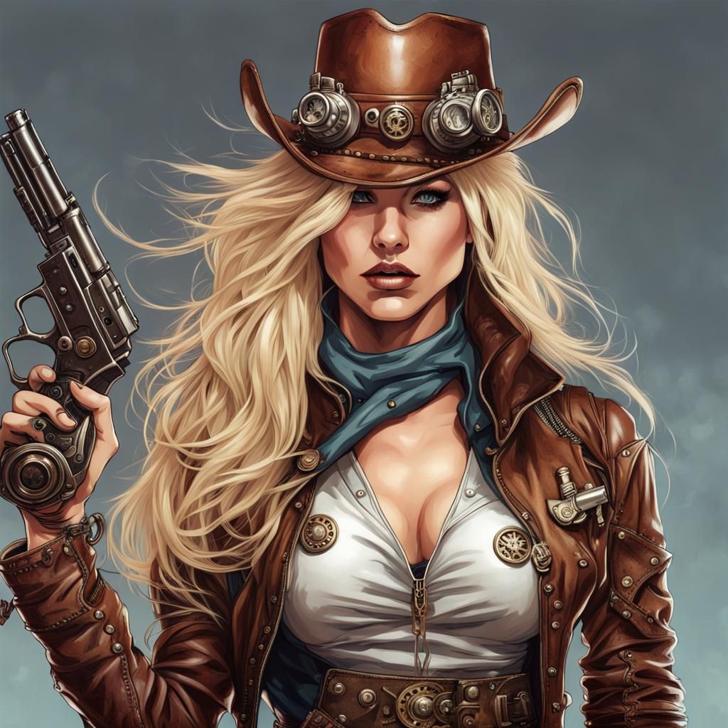 Steampunk Space Cowgirl with Guns in Leather