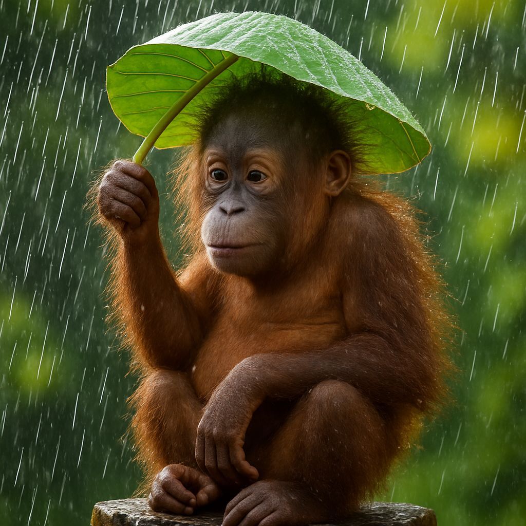 Orangutan Shelters From Rain Under Leaf in Wildlife Photo