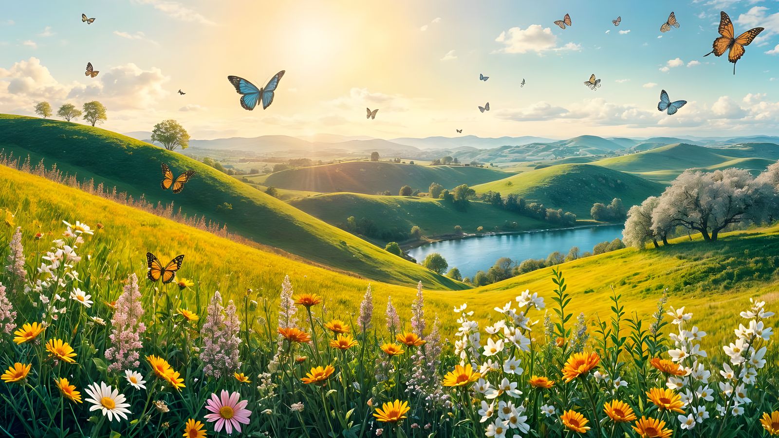 Vibrant Impressionist Landscape with Wildflowers and Butterf...