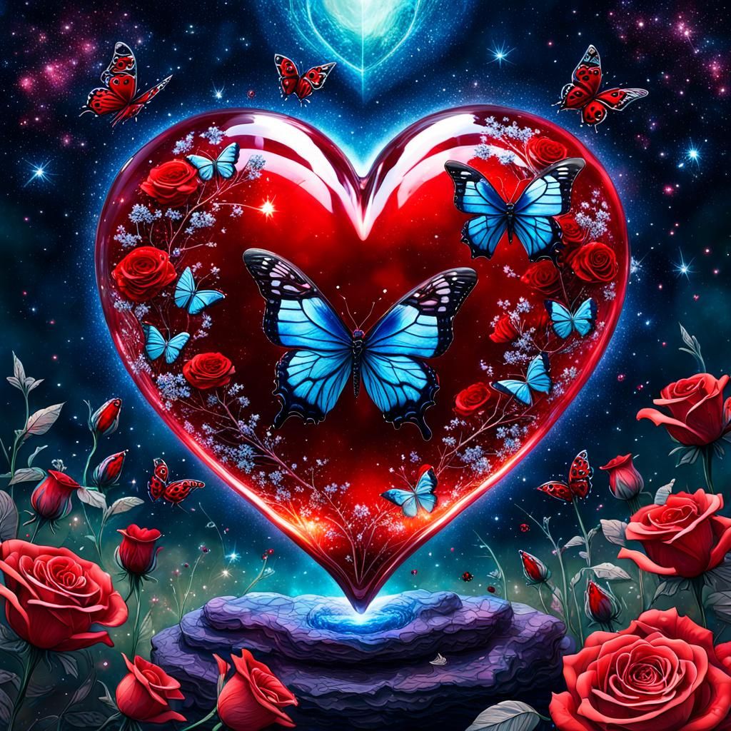 Cosmic Red Glass Heart with Butterflies