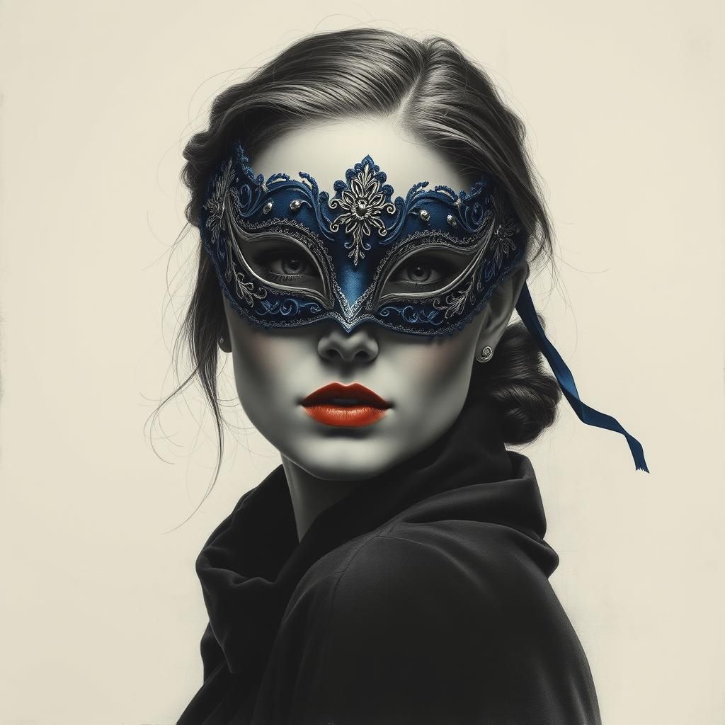 Woman in Venetian Mask Charcoal Portrait