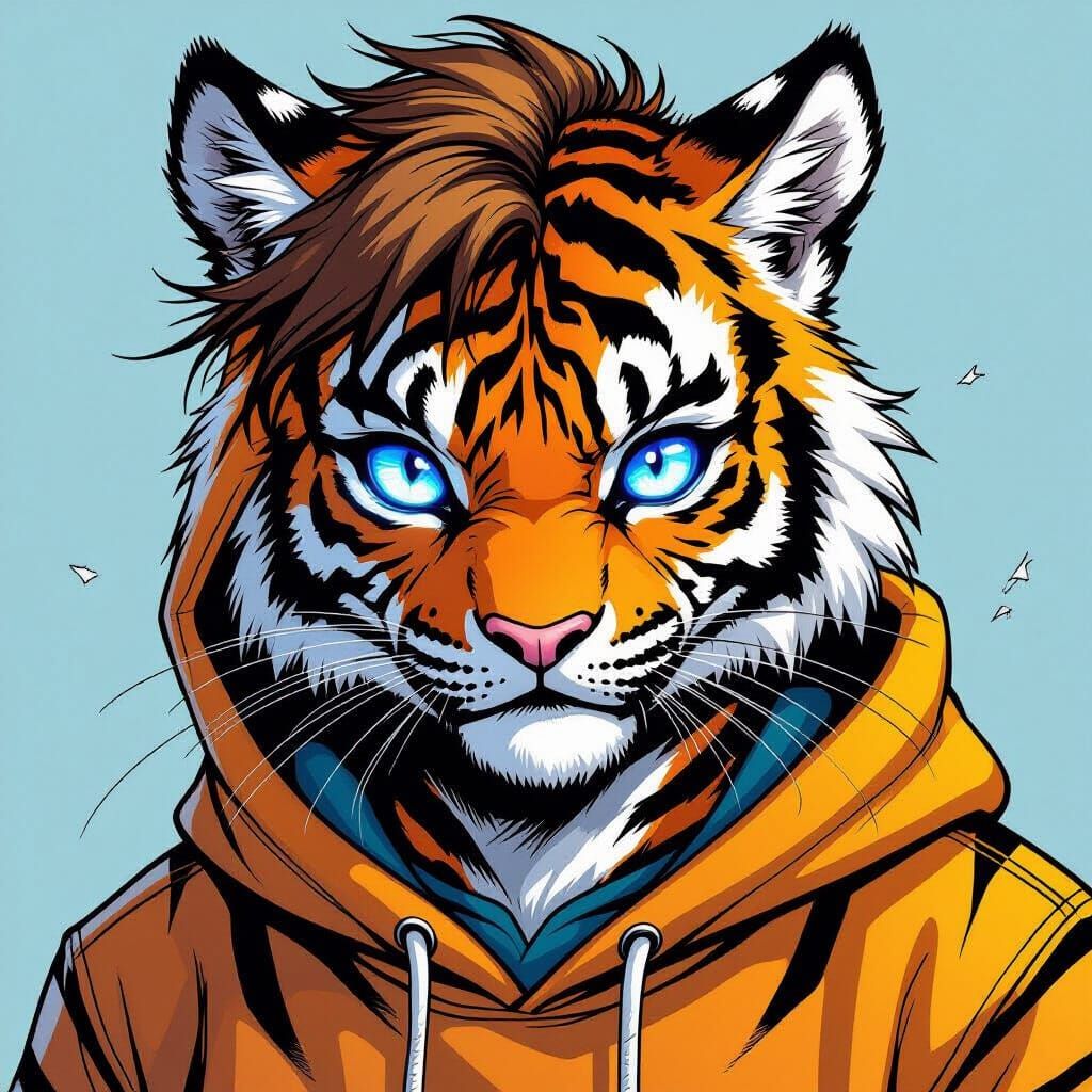 Tiger Boy with Glowing Eyes in Comic Book Art Style