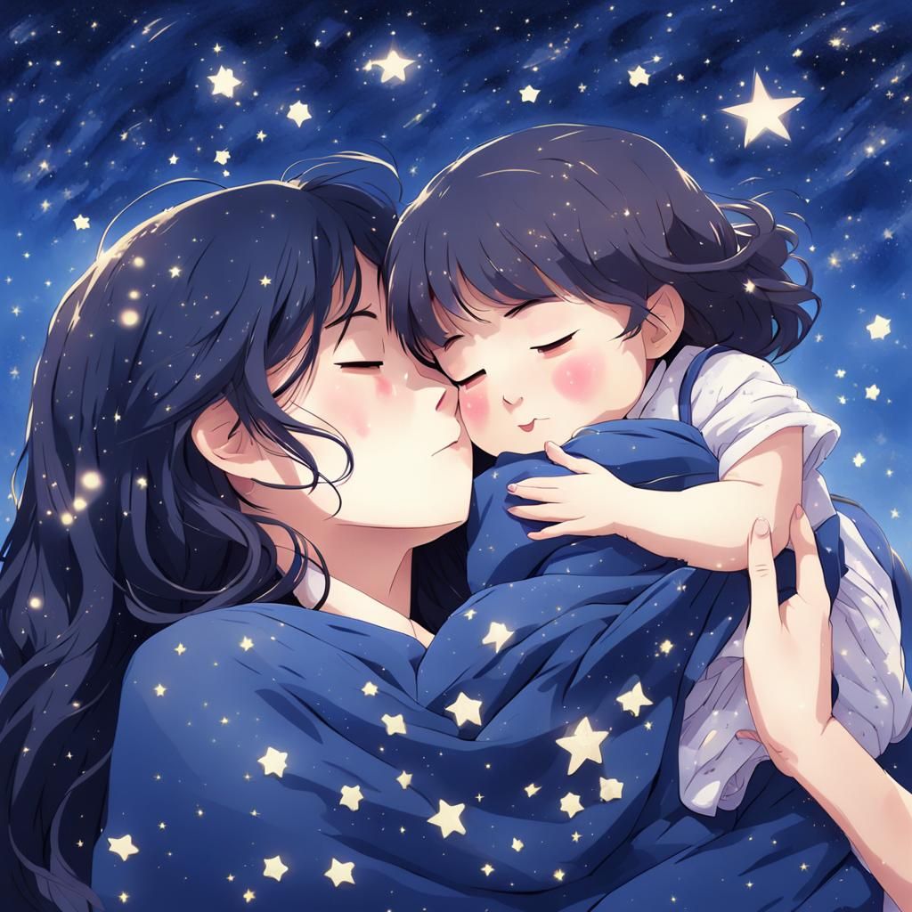 Anime Mother and Child Under Starlight