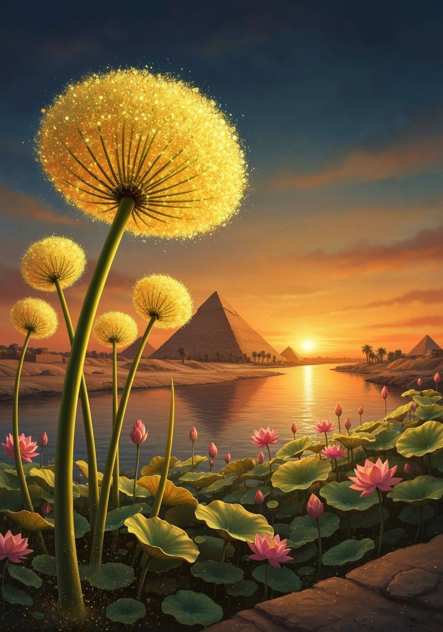 Golden Egyptian Nile Sunset with Luminescent Lotus