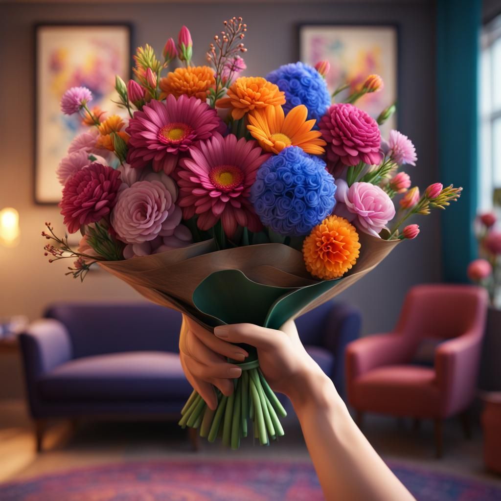 Colorful Bouquet in Birthday Room, Digital Art