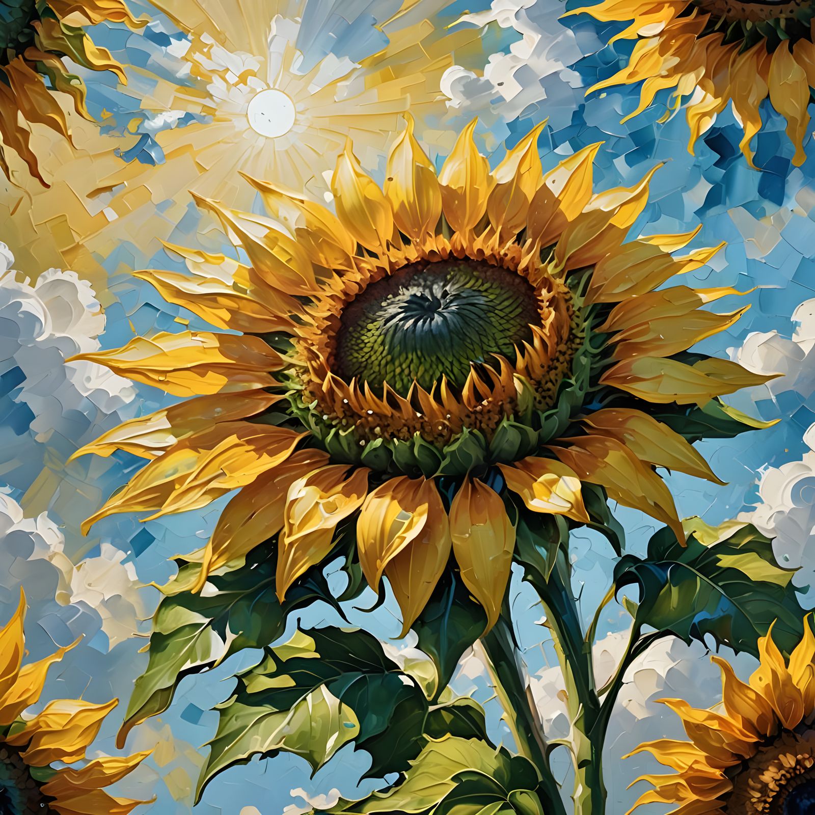 Sunflower Against Blue Sky in Impasto Style