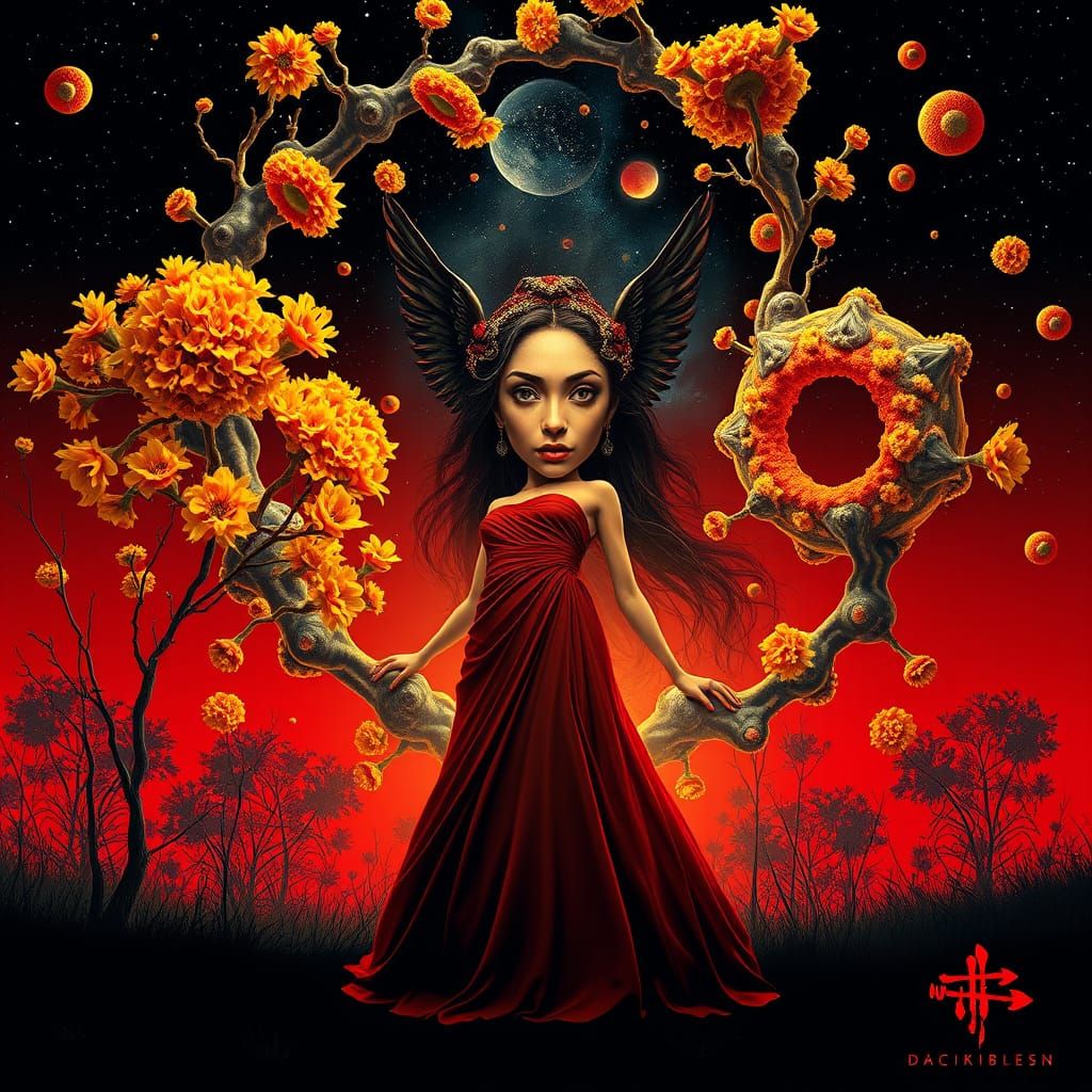 Surreal Woman with Molecular Structures, in Vibrant Colors