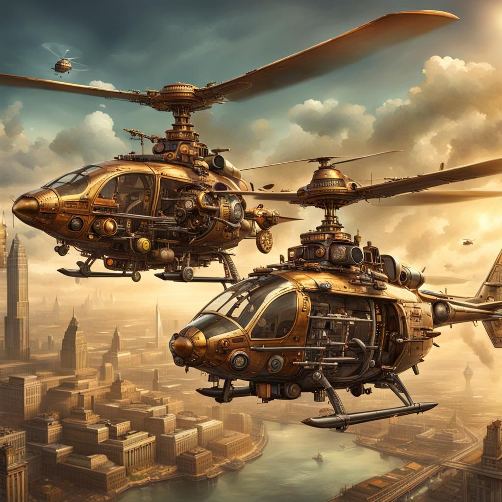 Steampunk Helicopters in Flight: Digital Illustration