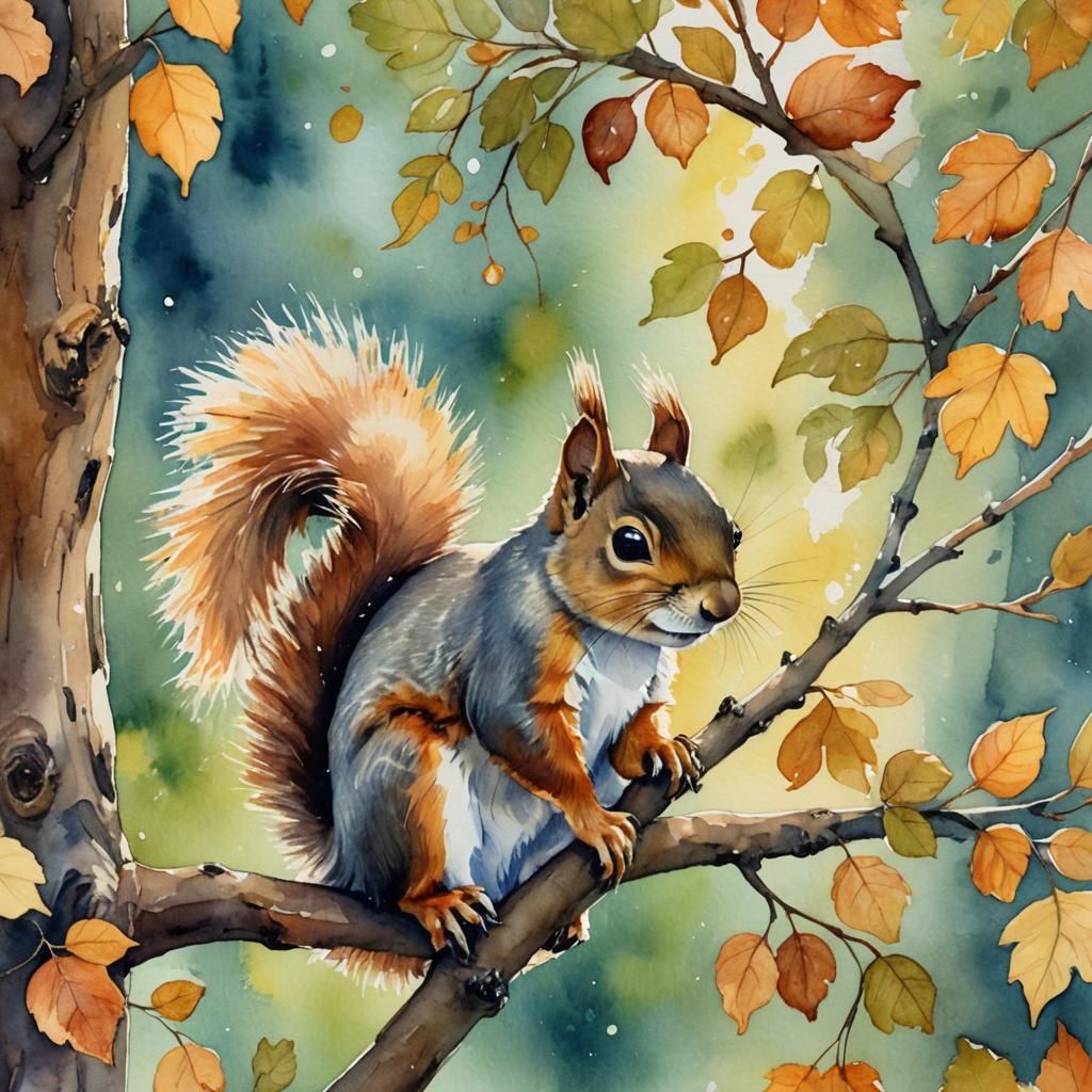 Whimsical Watercolor Squirrel with Acorn